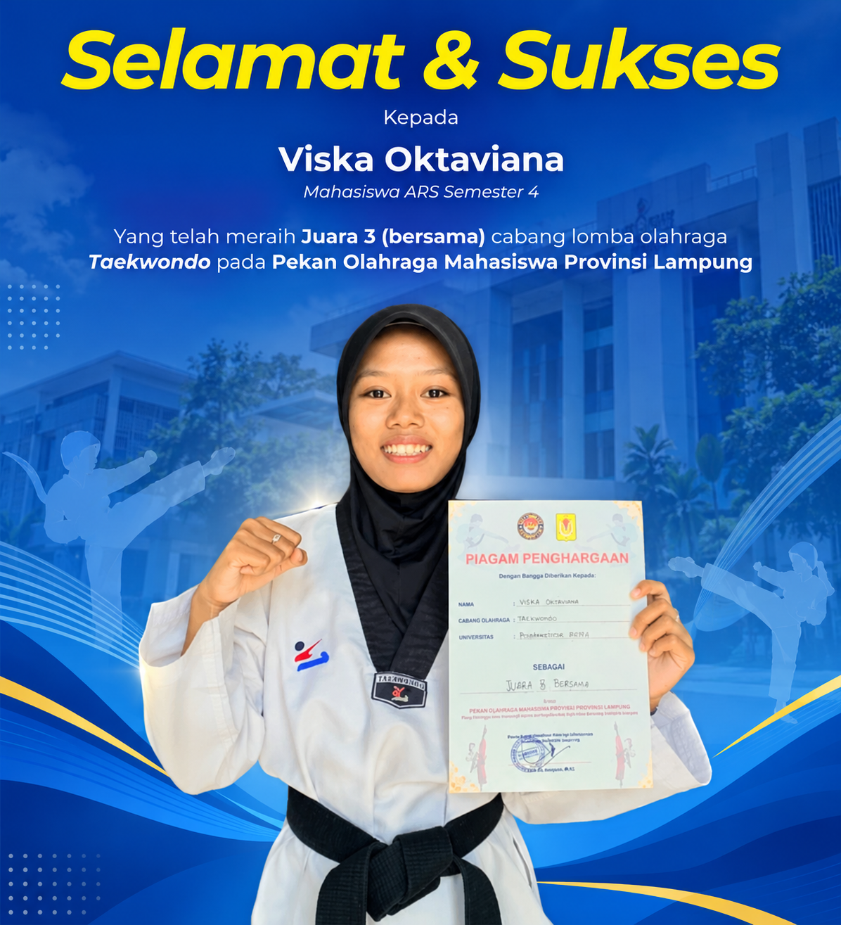 Viskа Oktaviana, Mahasiswa Administrasi Rumah Sakit FIKES UM Metro, Raih Juara 3 Taekwondo pada Pekan Olahraga Mahasiswa Provinsi Lampung