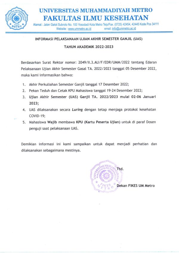 INFORMASI PELAKSANAAN UJIAN AKHIR SEMESTER GANJIL TA. 2022/2023